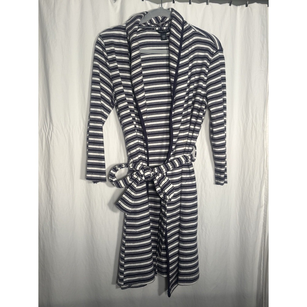 Mens Nautica S/M navy blue Striped Robe O16